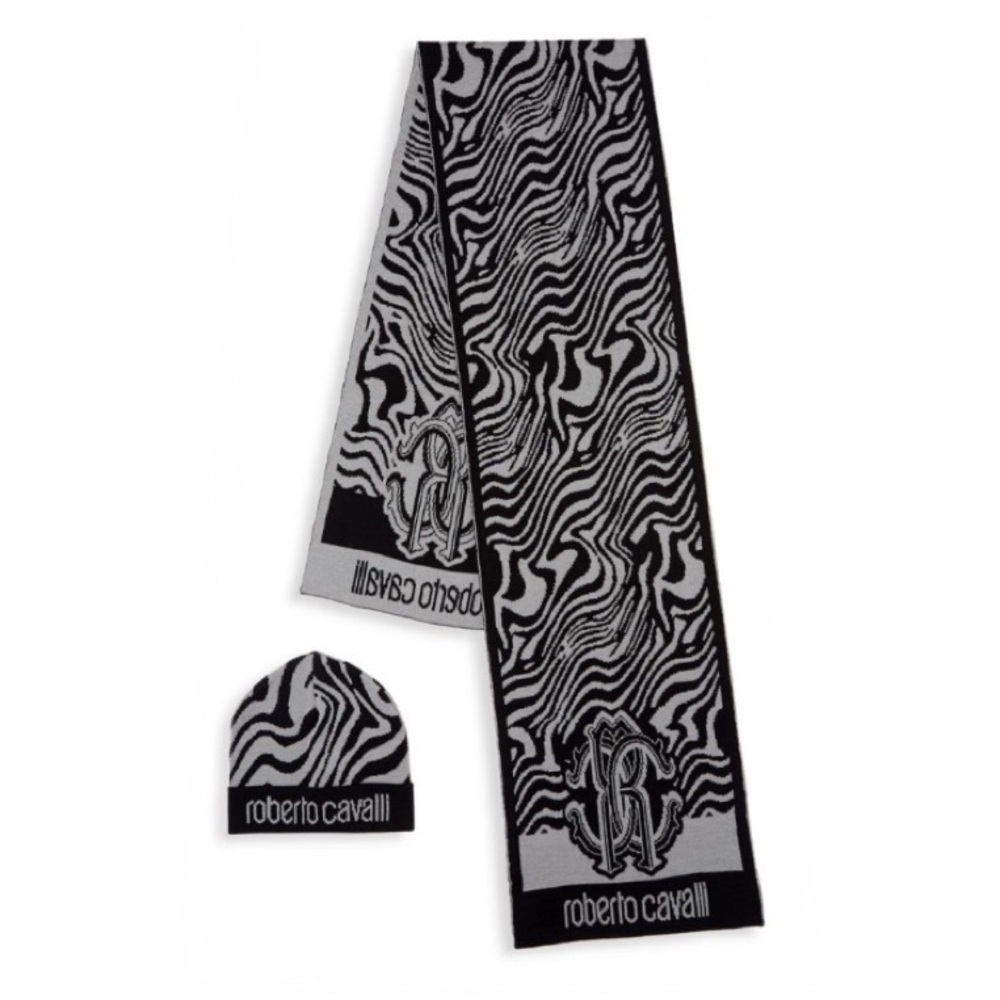 NWT Roberto Cavalli Gray Beanie Hat & Scarf Set
